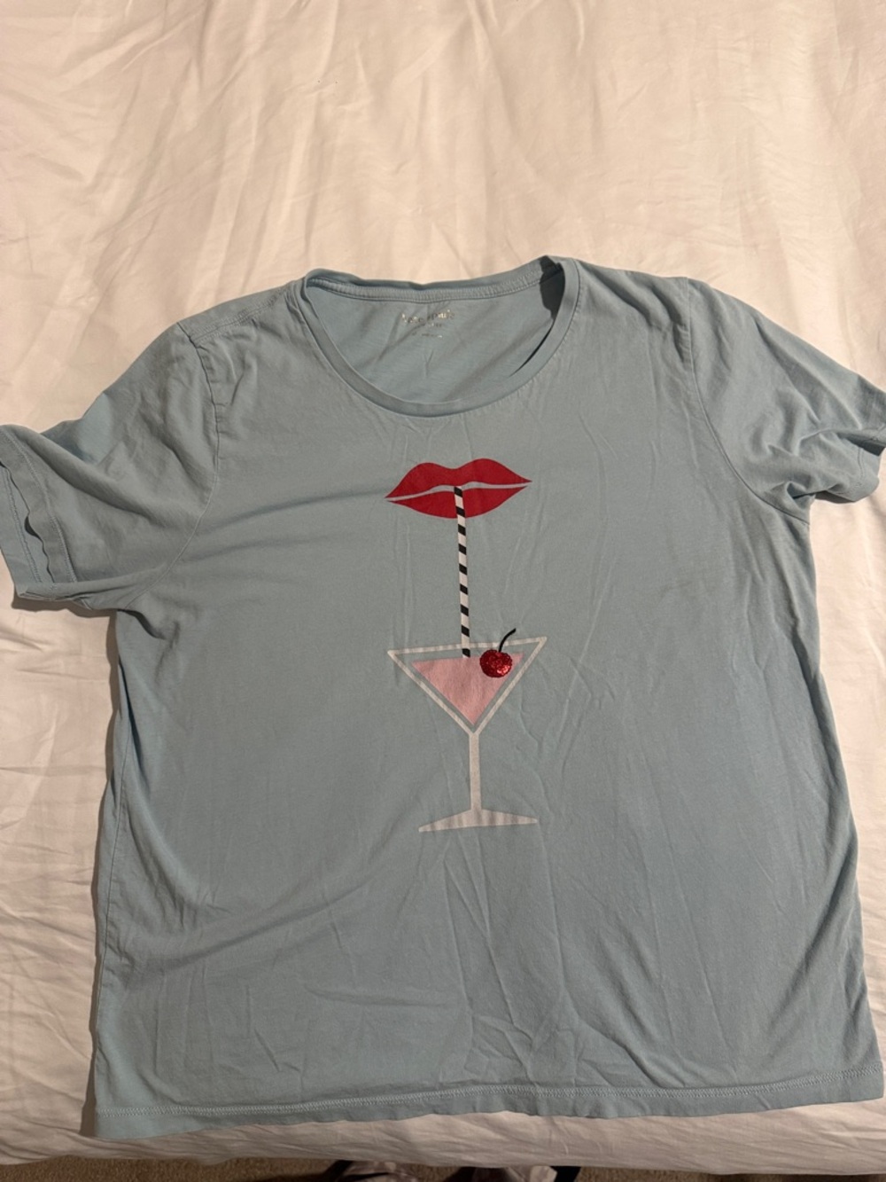 kate spade Pale Blue Short Sleeve Tee with Red Lips & Cherry Martini Graphic